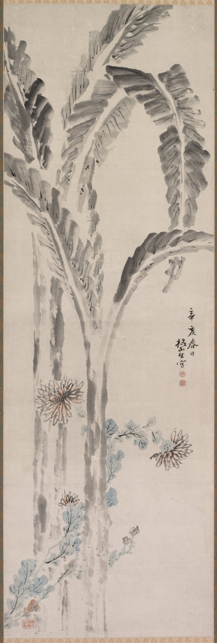 香蕉植物和菊花，十九世纪。 作者 椿金山