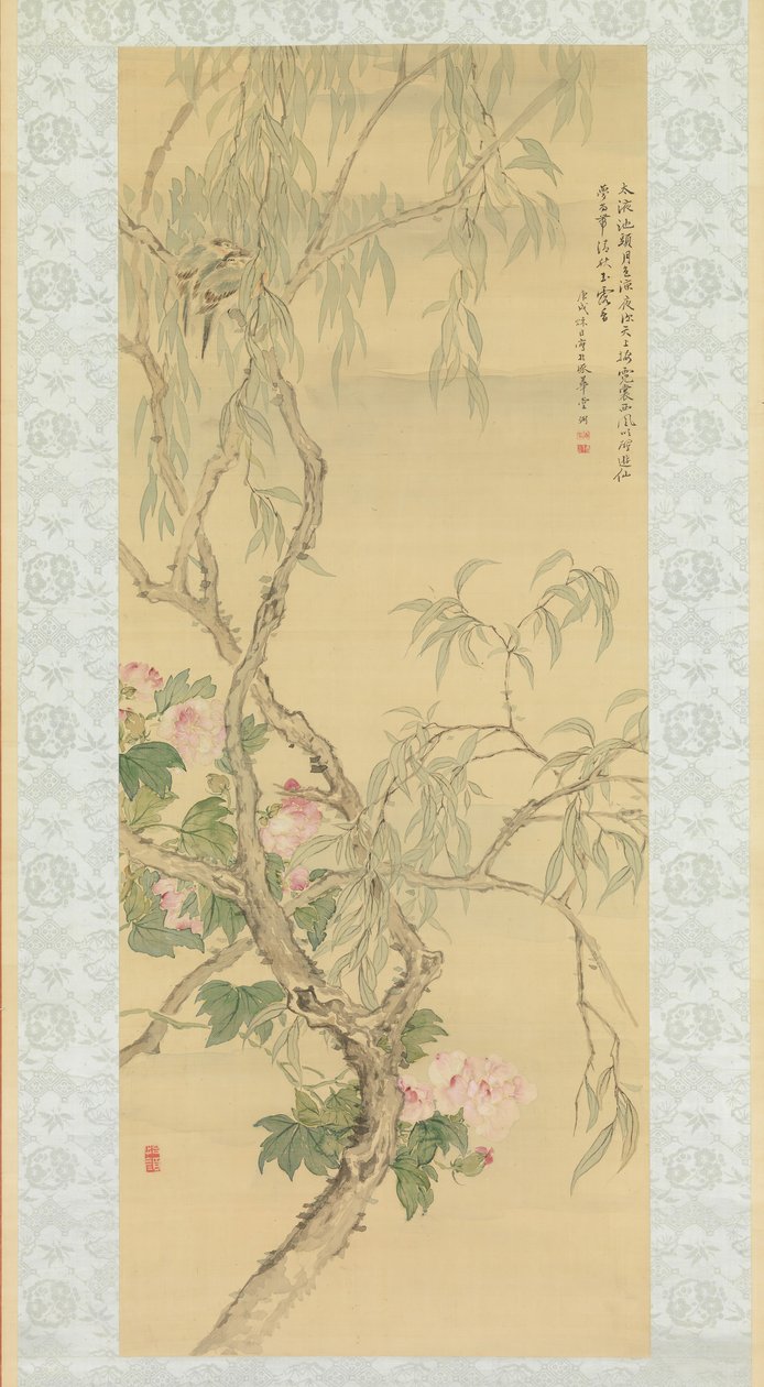柳枝上的小鸟和芙蓉花，日期为1850年秋季。 作者 椿金山