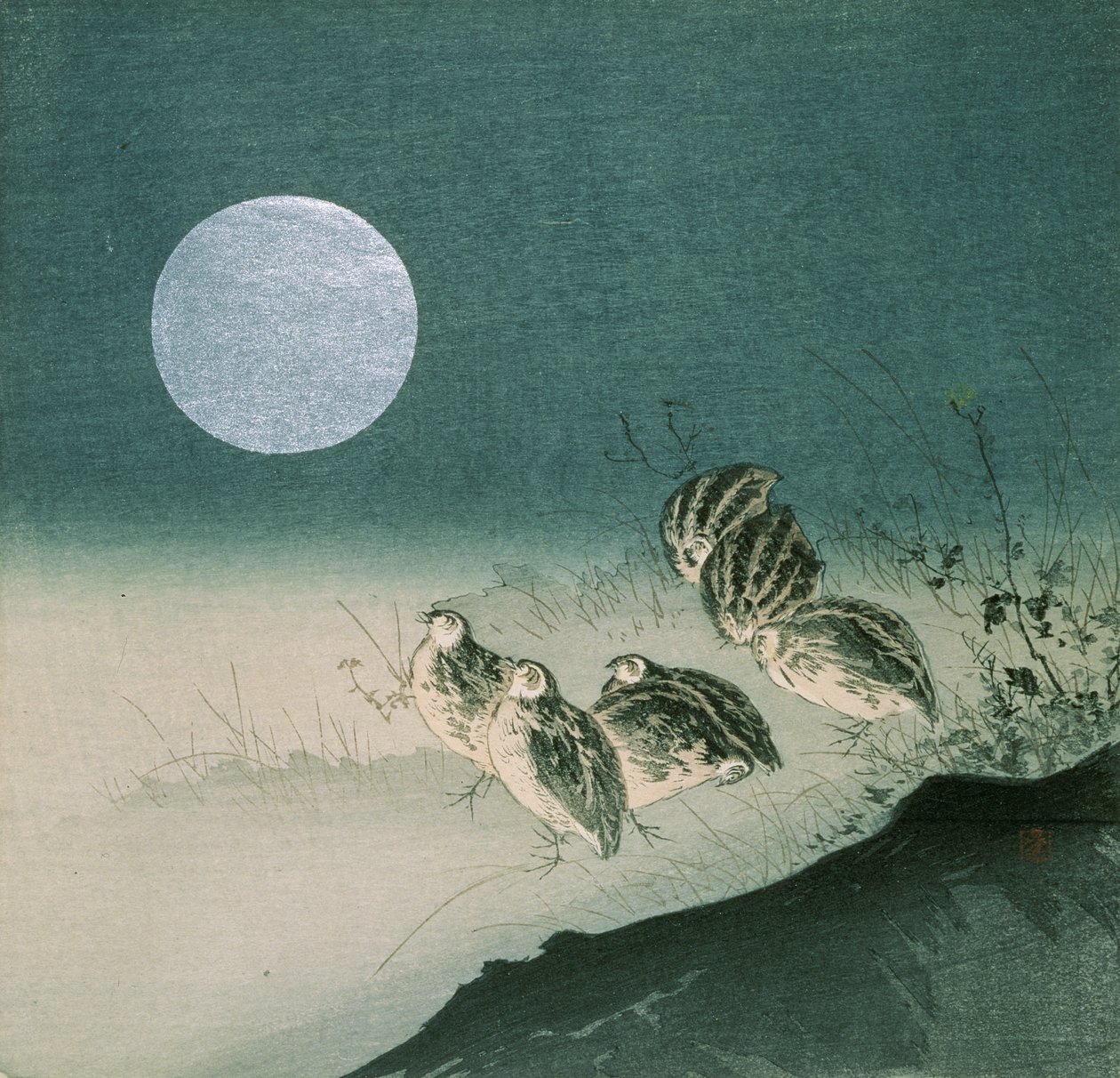 鹌鹑和满月，19世纪初（彩色木版画） 作者 月冈工业