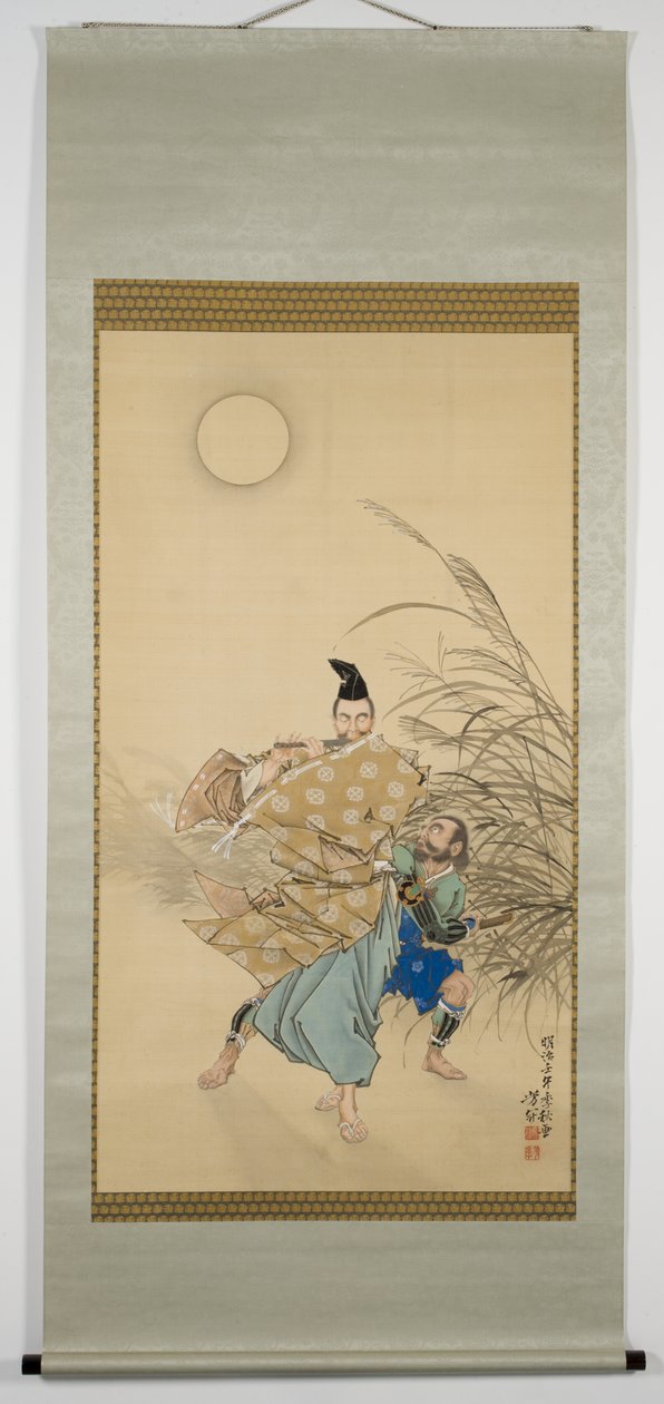 Fujiwara no Yasumasa在1882年深秋的月光下演奏长笛（丝绸上的墨水，颜色，漆，银和金） 作者 月冈义俊