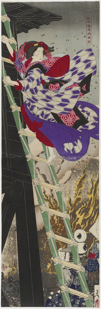松树，竹子和梅花：1885年在汤岛的裱框画（彩色木版印刷双联画） 作者 月冈义俊