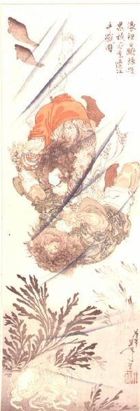 Rorihakucho Cho Jun和Kokusempu Ri Ki，在水下战斗中，来自小说Suikoden，19世纪（彩色木版画） 作者 月冈义俊
