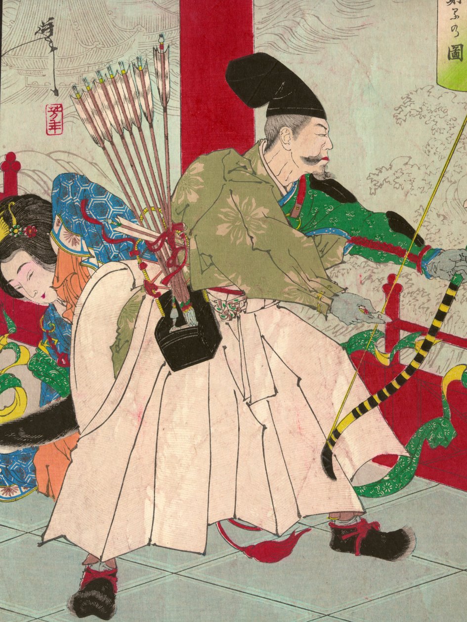 Watanabe no Tsuna，用弓和箭，在恶魔茨城宫，酒吧。 c.1880（手工木版） 作者 月冈义俊