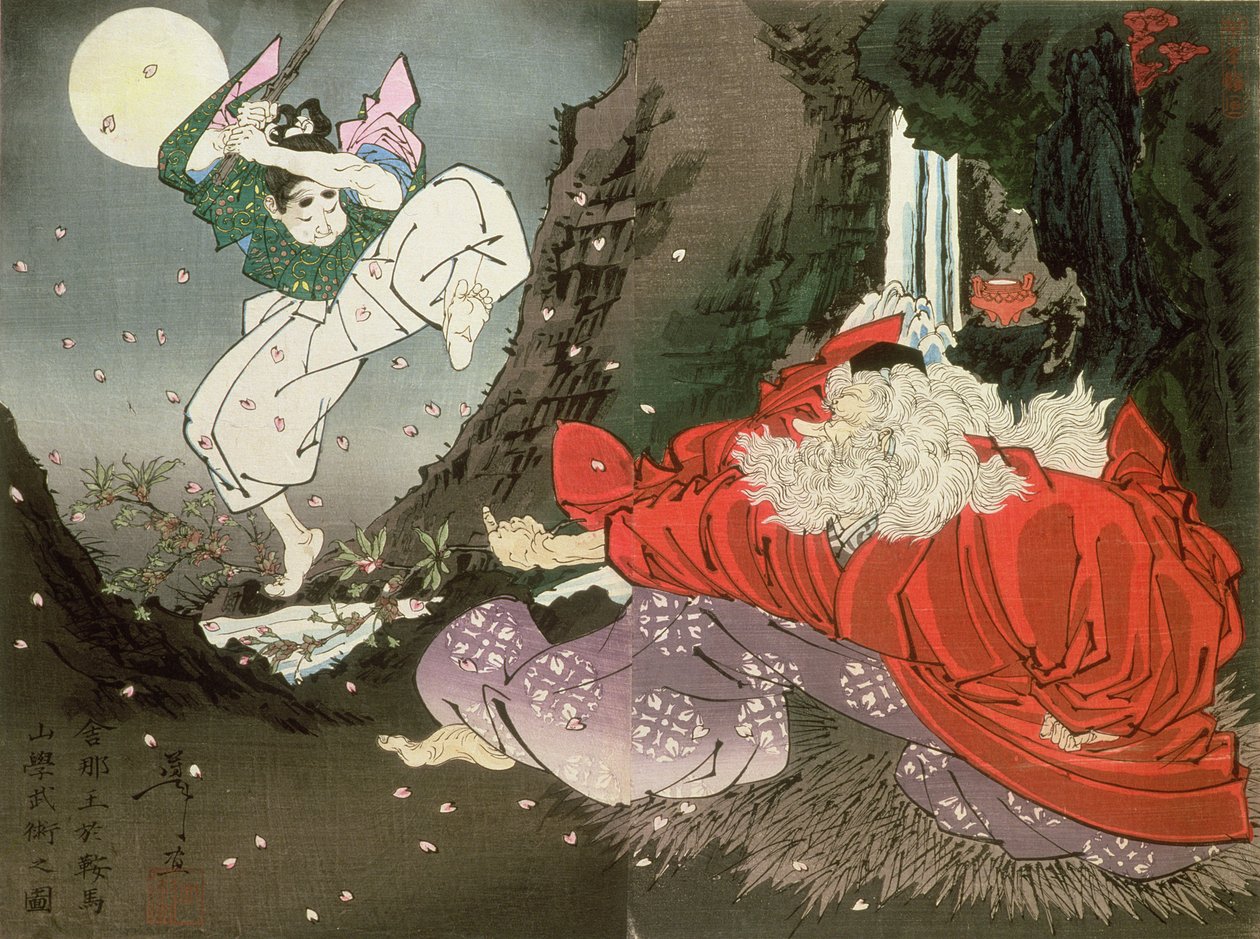 Yoshitsune和Tengu King，（彩色木版画） 作者 月冈义俊