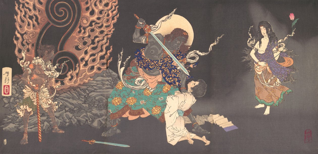 福道妙威胁一个新手，1885年。 作者 月冈义俊
