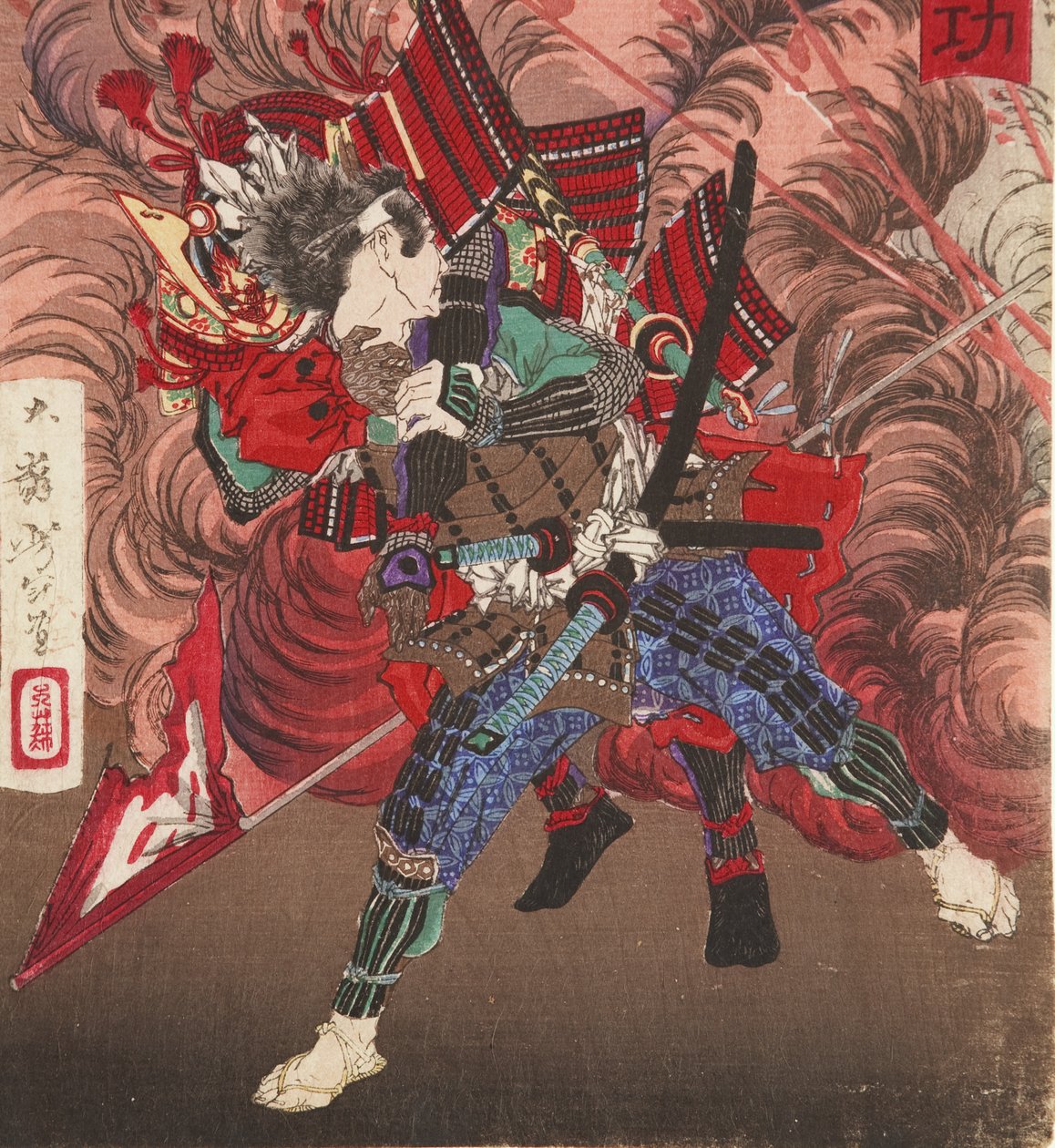 Okubo Hikozaemon在战场上救出德川家康，1881年（木刻） 作者 月冈义俊