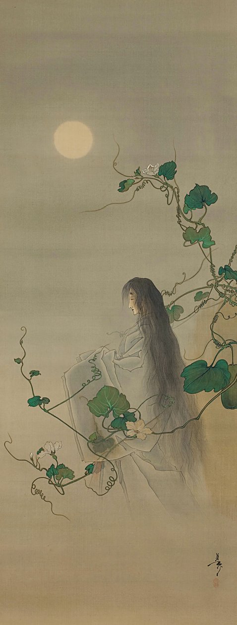 死去的余高的灵魂缠绕在月季花的藤蔓上......，约1892年。 作者 月冈义俊