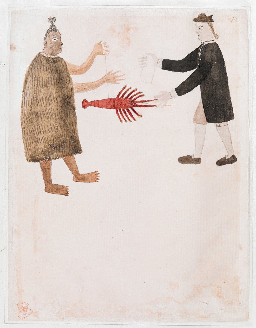 Add MS 15508 [Drawing no.12] A Maori bartering a crayfish with an English naval officer, 