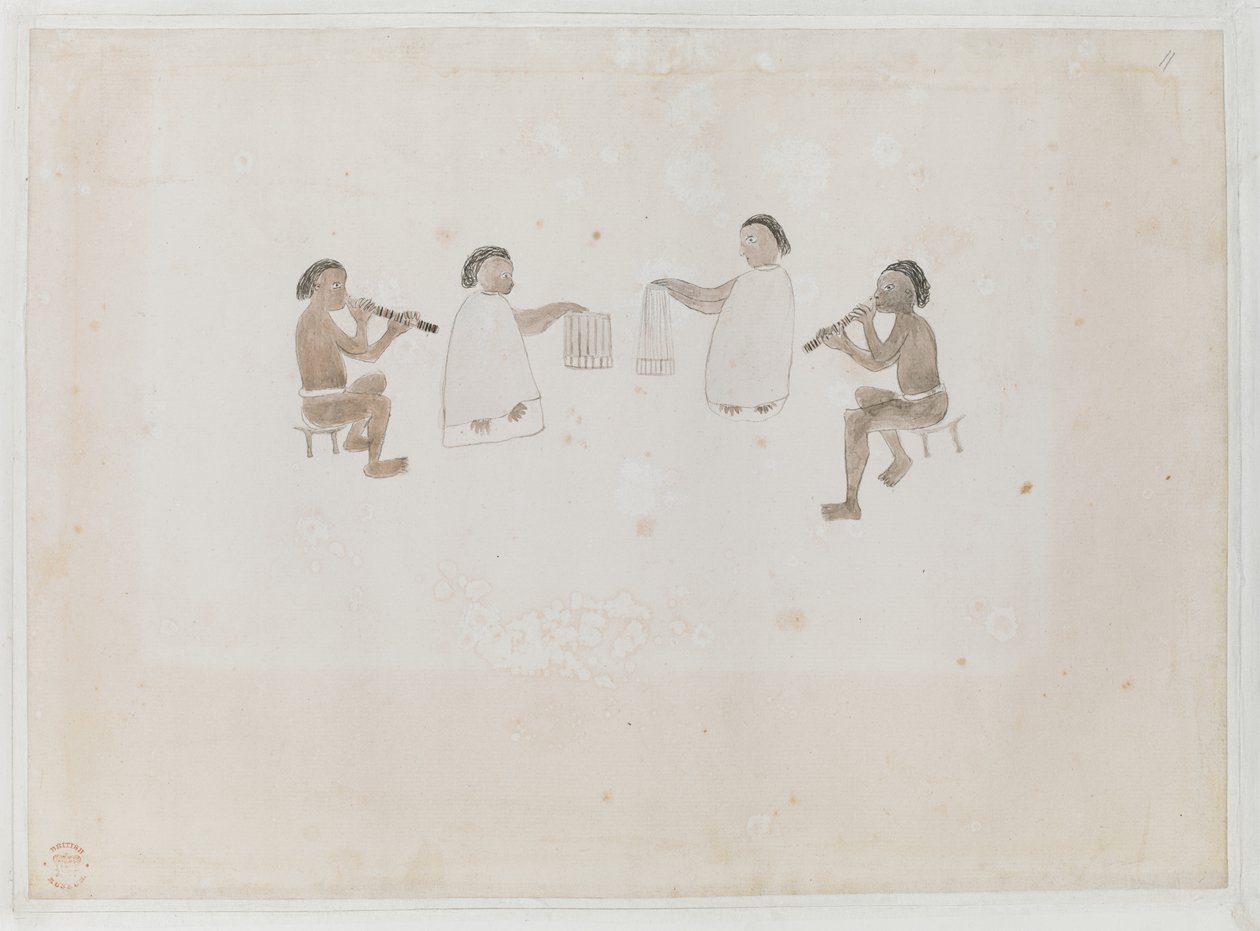 添加 MS 15508 f.11 塔希提岛音乐家，1770 年 6 月（纸上水彩） 作者 图帕亚图帕亚