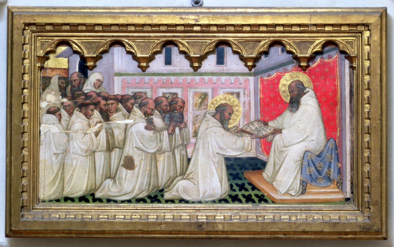 St. Benedict将新秩序的统治移交给蒙特卡西诺的僧侣（面板上的蛋彩画） 作者 Turino Vanni