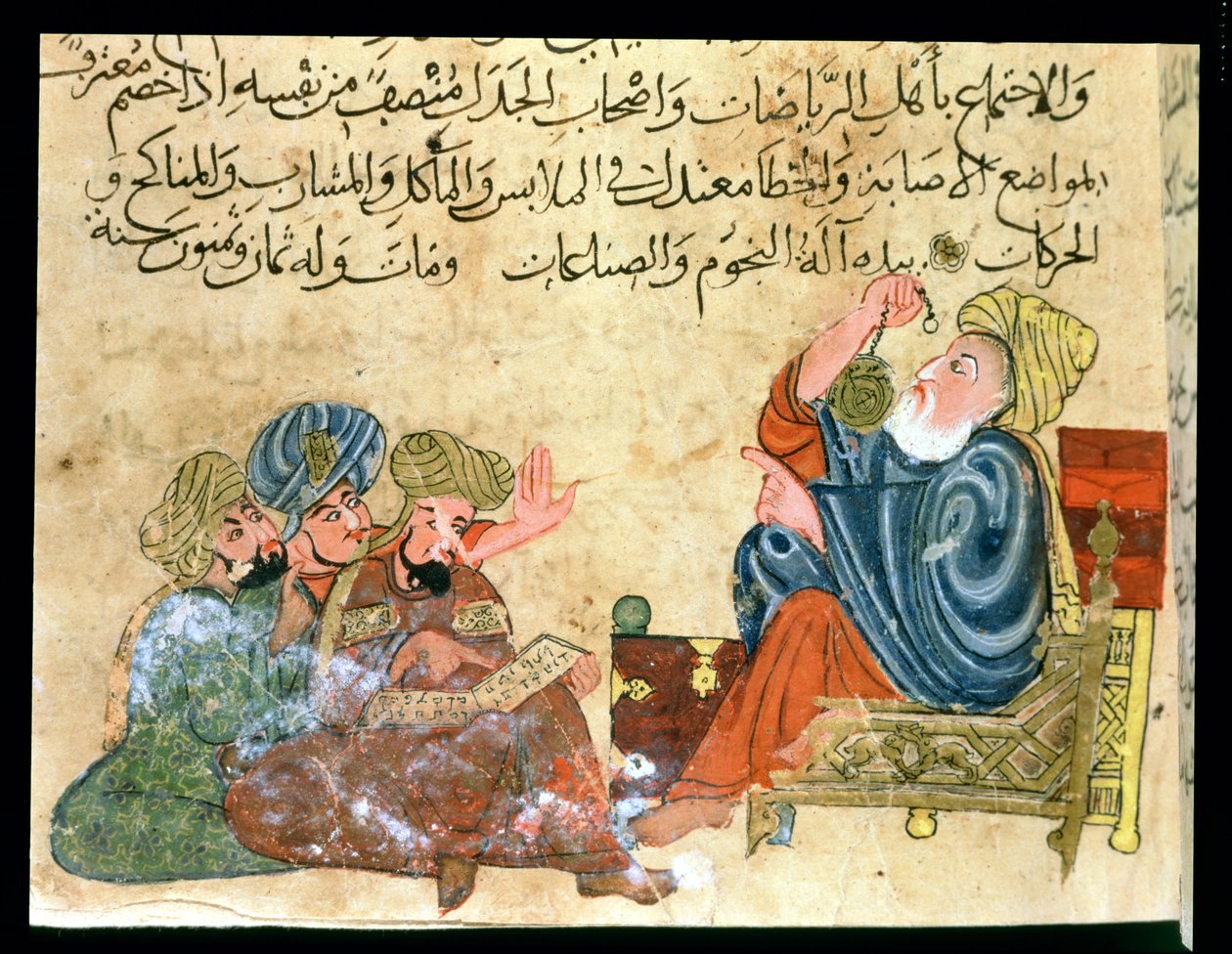 MS Ahmed III 3206亚里士多德教学，来自&39;Kitab Mukhtar al-Hikam wa-Mahasin al-Kilam&39;的插图，由Al-Mubashir（笔墨水和水粉在纸上） 作者 土耳其语学校