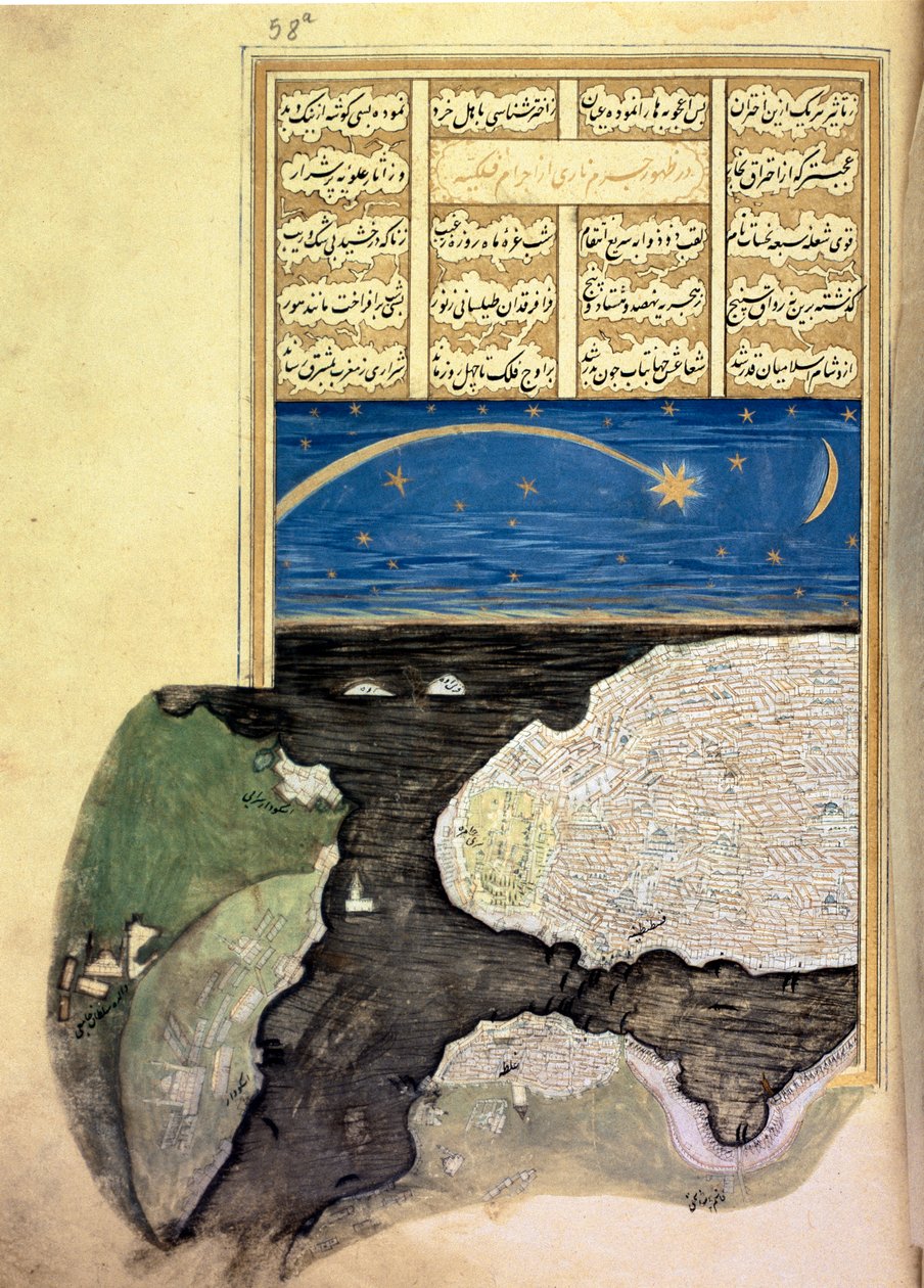 MS FY 1404 f.58a，君士坦丁堡金角之上的大彗星，来自穆拉德三世的Sehinsahname，c.1581 作者 土耳其语学校