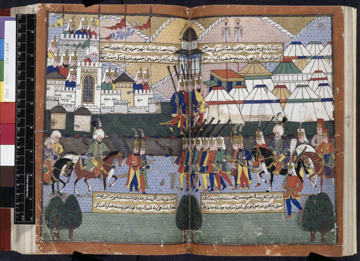 Add.22011，ff.81v-82，来自 "Nusretname "的 Lala Mustafa Pasha 的奥斯曼军队在提弗里斯城墙前列队欢迎 作者 土耳其语学校