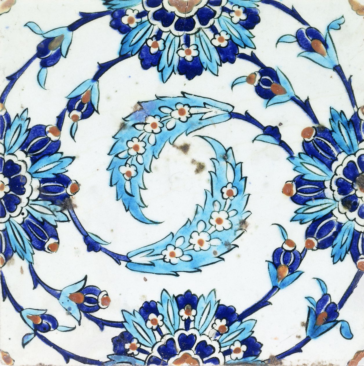伊兹尼克（Iznik）陶瓷砖，带有螺旋状的花卉图案，十七世纪初（陶瓷） 作者 土耳其语学校