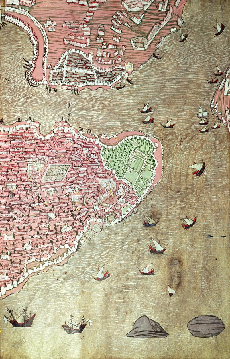 H 1523 fol.159v从1558年的Lokman Hunername看到的托普卡匹皇宫和伊斯坦布尔博斯普鲁斯海峡的景色（纸和墨水和水粉在纸上）（另见229557） 作者 土耳其语学校