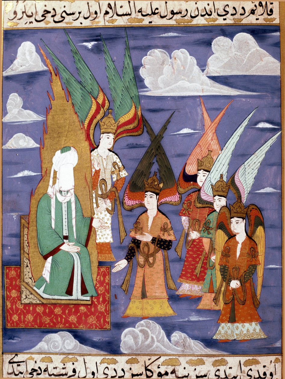 先知穆罕默德（Mohammed 或 Muhammad）（570-632）（蒙着脸）在他 18 世纪的波斯微型夜游期间。 土耳其伊斯坦布尔托普卡匹博物馆 作者 土耳其语学校