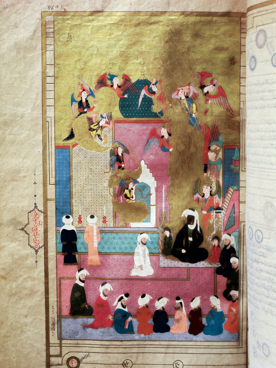 先知穆罕默德（Mohammed 或 Muhammad）（570-632）（蒙面）在奇迹期间，他上升到第七天空 历史学家 Seyyid Loqman Ashuri 手稿“Zubdat al-Tawarikh”（或 Zubdat al Tawarikh）的缩影 穆拉德三世 (1 作者 土耳其语学校