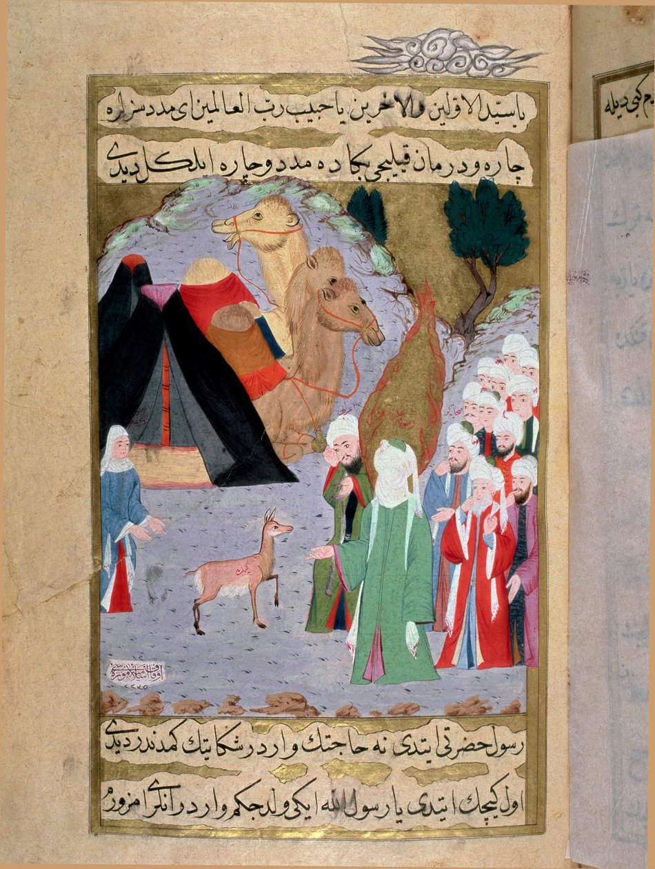先知穆罕默德（Mohammed 或 Muhammad）（570-632 年）聆听 Erzeni 撰写的土耳其手稿中一只微型母鹿的哭泣，由 Seyyid Suleiman Pasha 绘制，讲述了穆罕默德 18 世纪的生活。 伊斯坦布尔，土耳其伊斯兰艺术 作者 土耳其语学校