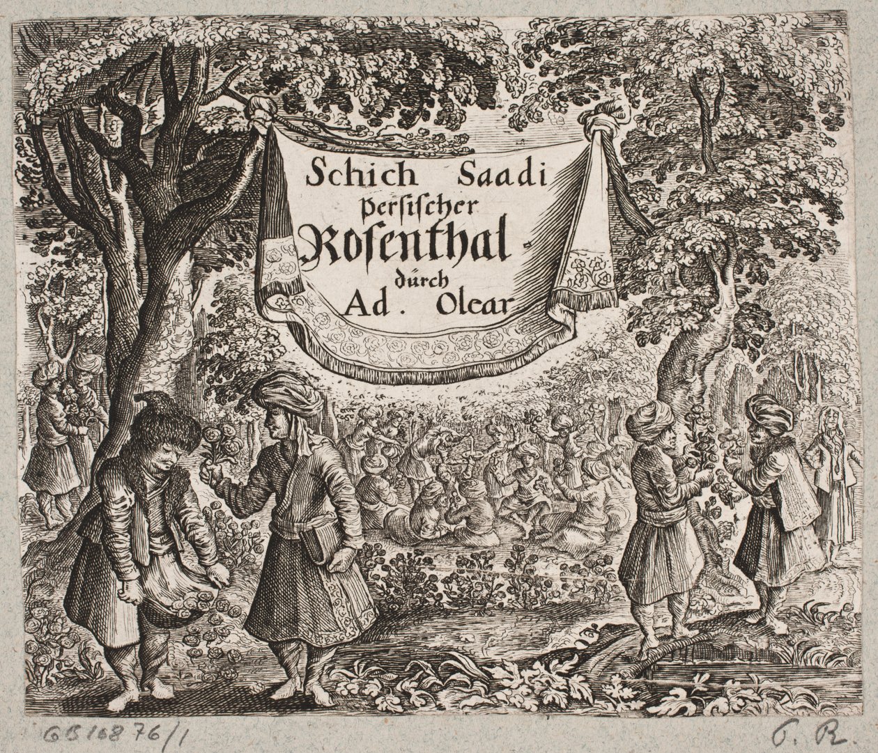 正面插图 til Adam Olearius，"Persianischer Rosenthal von einem Sinnreichen Poeten Schich Saadi[......]"，石勒苏益格，1660 年 作者 致谢