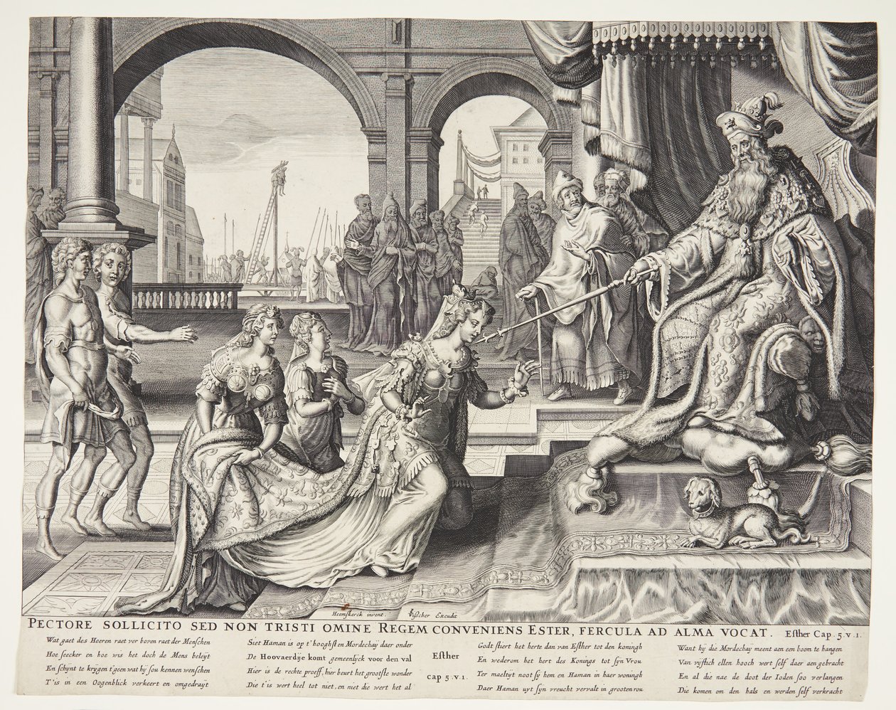 以斯帖在亚哈随鲁面前邀请他赴宴 作者 Ubekendt 之后 Philips Galle 之后 forlæg af Maarten van Heemskerck