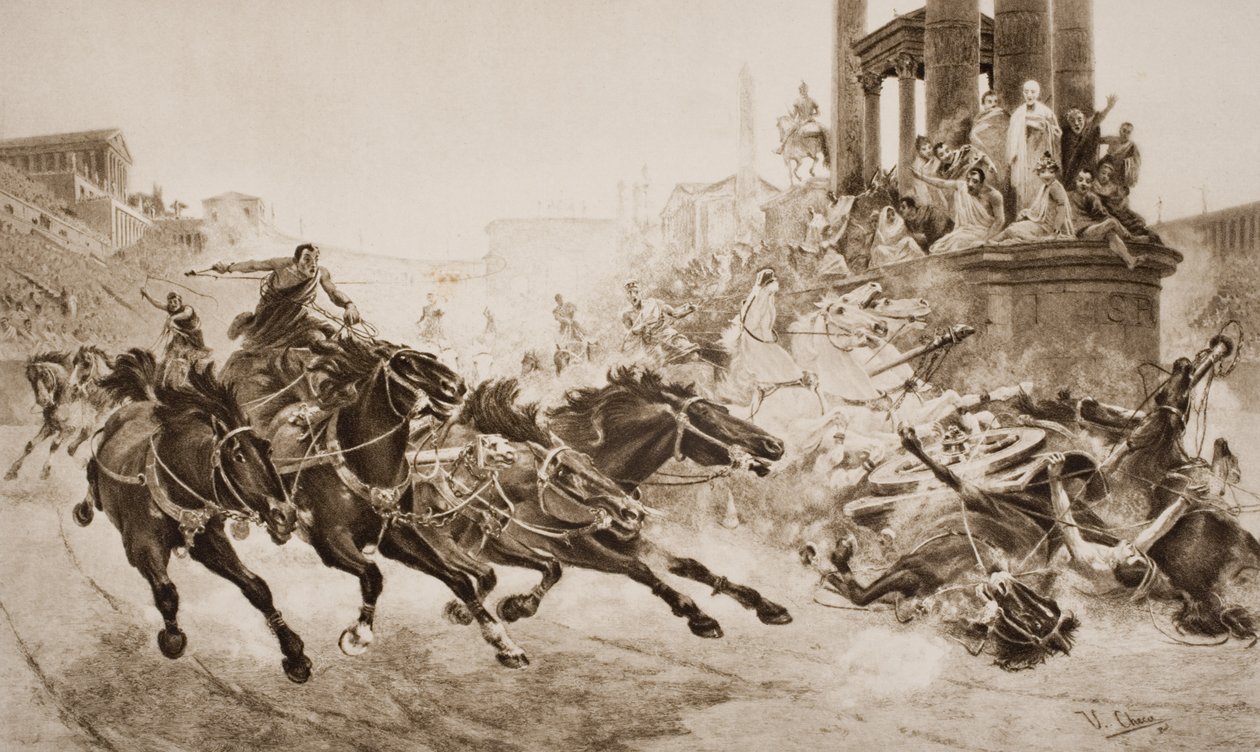 罗马战车比赛，HG威尔斯的“历史概论”插图，第一卷，1920年出版 作者 乌尔皮亚诺切卡和桑兹