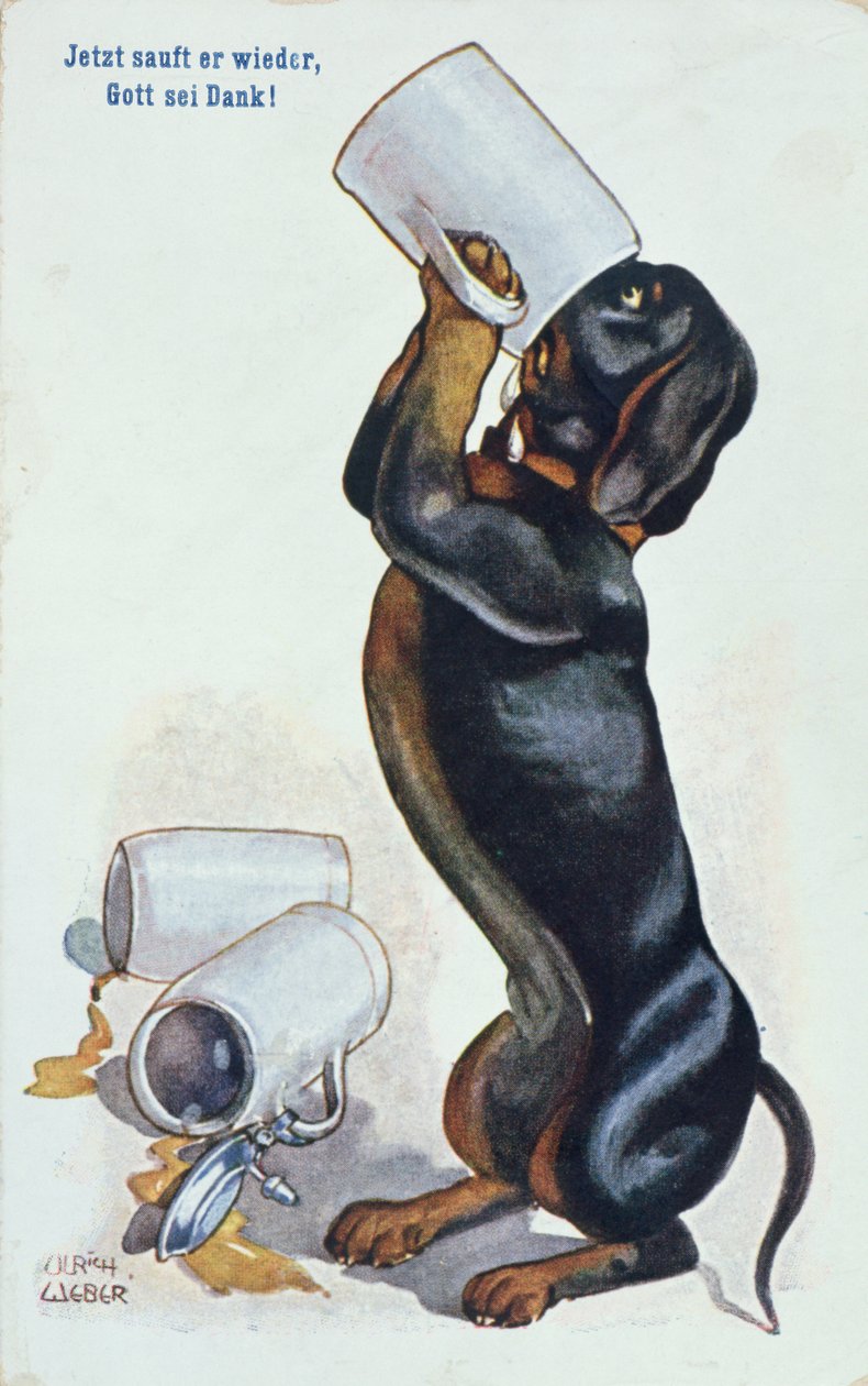 达克斯猎犬喝啤酒，c.1900 作者 乌尔里希·韦伯