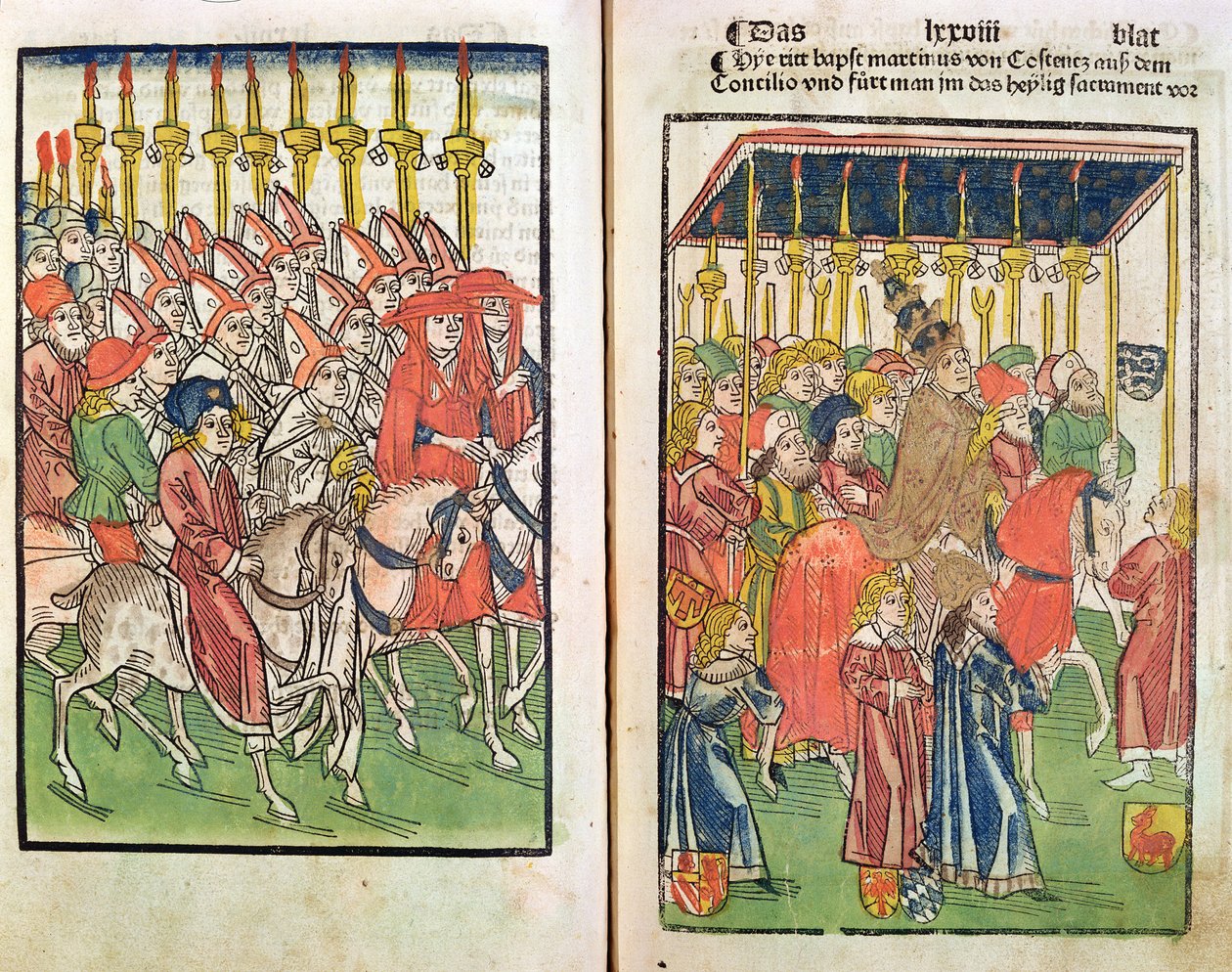 1414年1483年在康斯坦茨市议会抵达反教皇约翰二十三世（c.1370-1419）（彩色木版画） 作者 乌尔里希·冯·里森塔尔