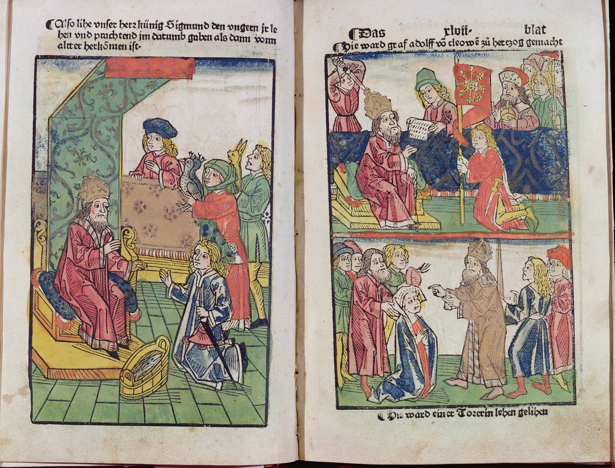 卢森堡皇帝西吉斯蒙德（1367-1437）受到匈牙利臣民的敬意，1483年（彩色木刻）（另见336923） 作者 乌尔里希·冯·里森塔尔