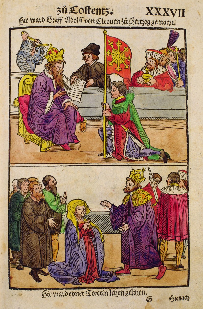 西吉斯蒙德从“Chronik des Konzils von Konstanz”中将康斯韦斯伯爵阿道夫提升到康斯坦茨议会的公爵等级 作者 乌尔里希·冯·里森塔尔