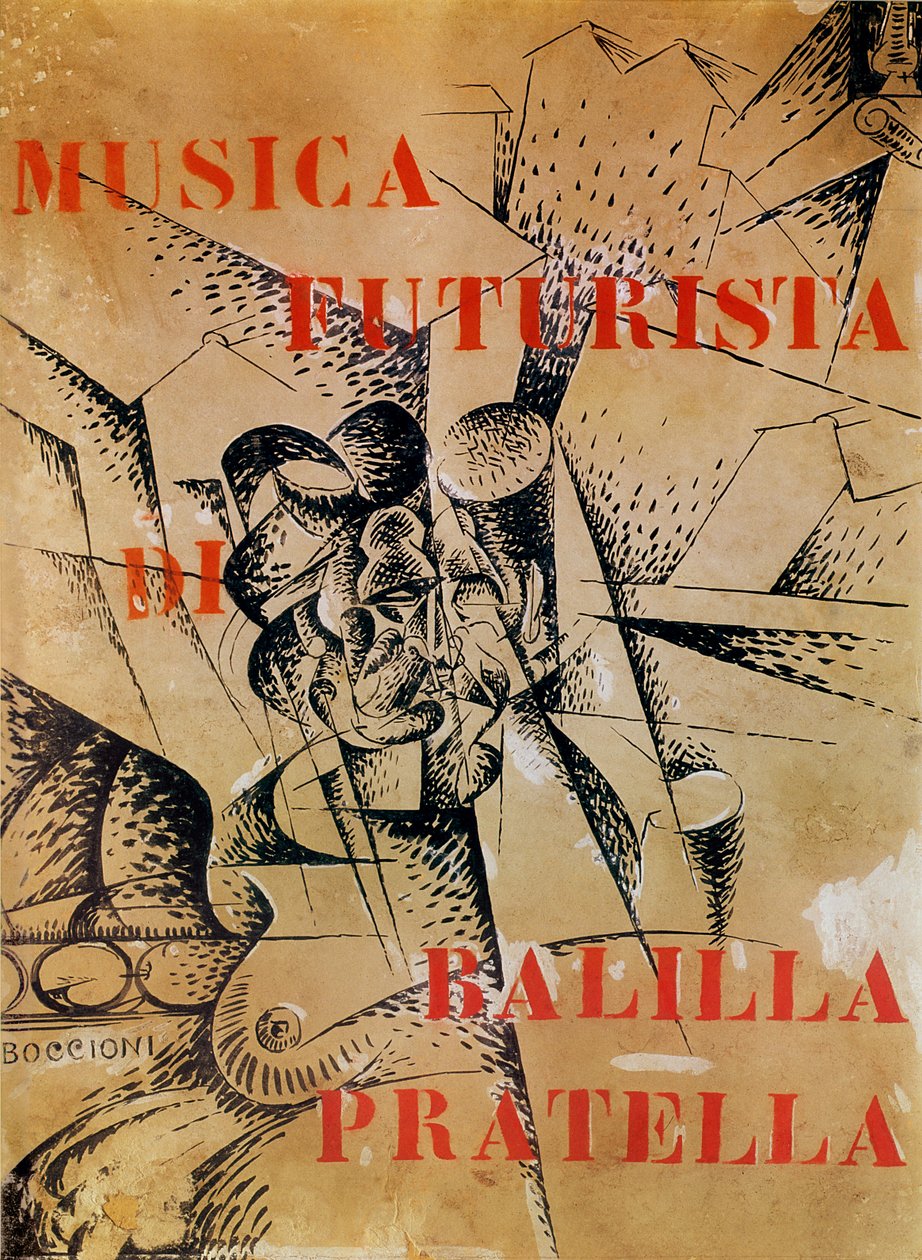 由Francesco Balilla Pratella（1880-1955），1912年设计的“Musica Futurista”封面（纸板上的蛋彩画和墨水） 作者 翁贝托·博西奥尼（Umberto Boccioni）
