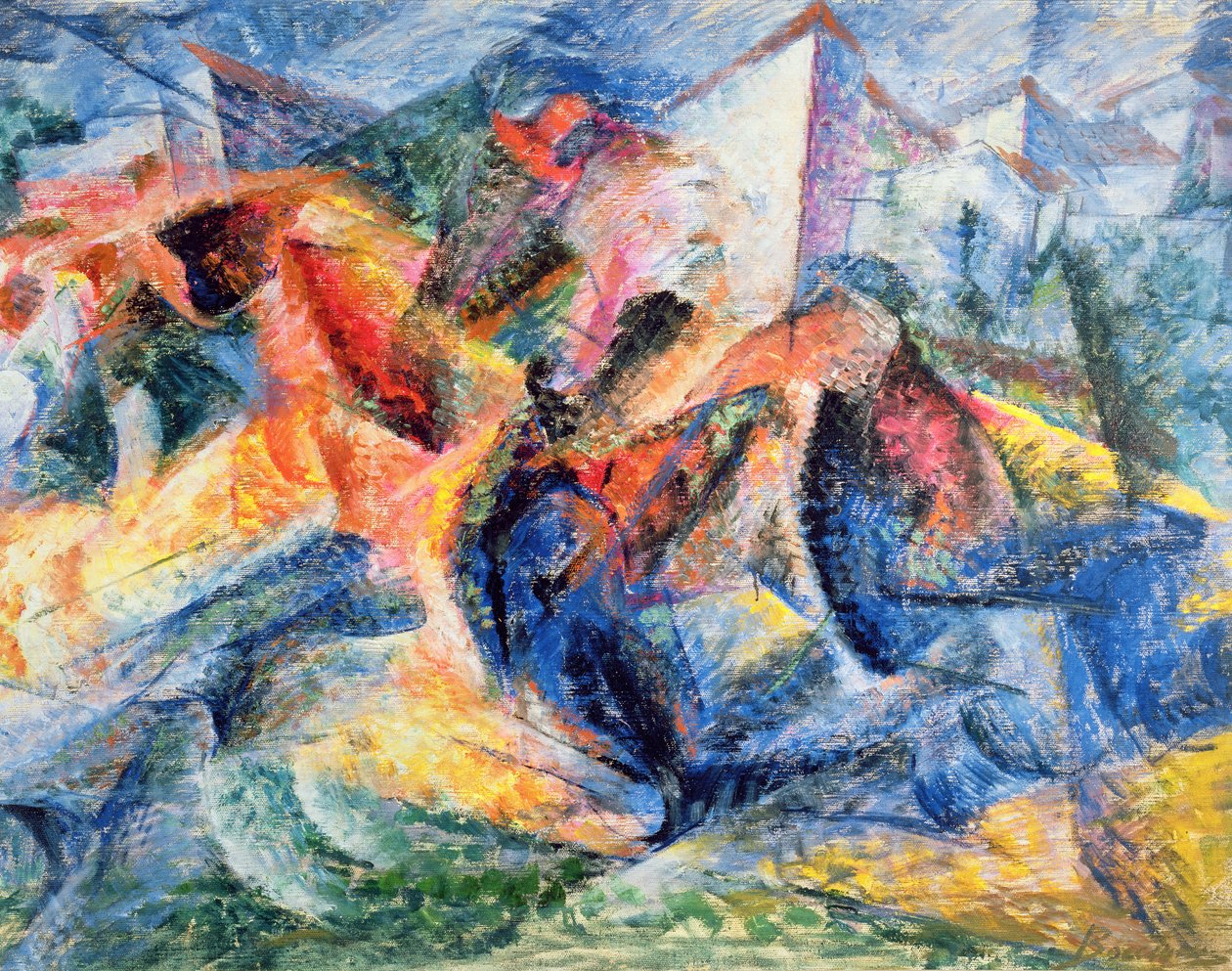马和骑手和建筑物，1914年 作者 翁贝托·博西奥尼（Umberto Boccioni）