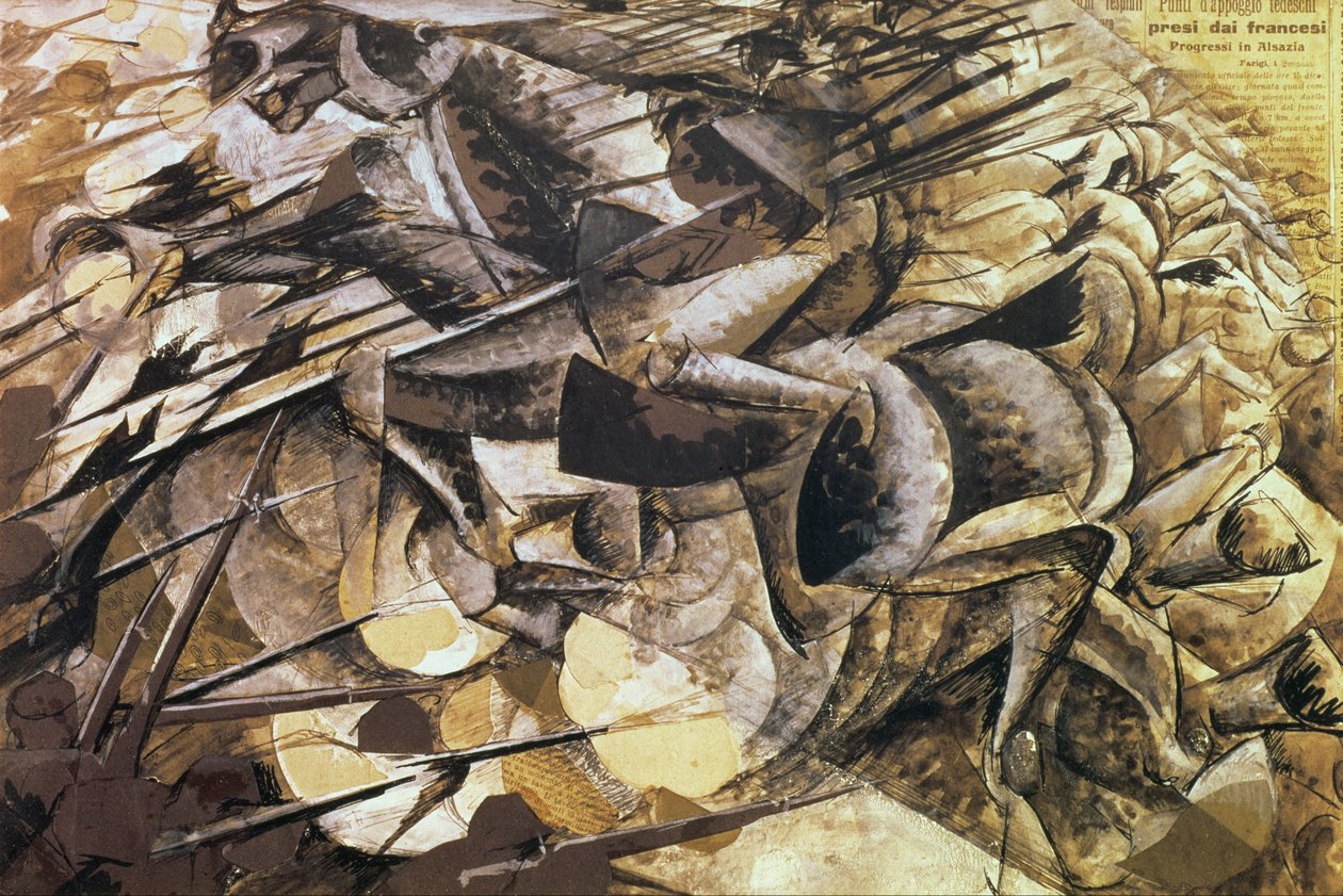 枪手的冲锋，1915年（拼贴画） 作者 翁贝托·博西奥尼（Umberto Boccioni）