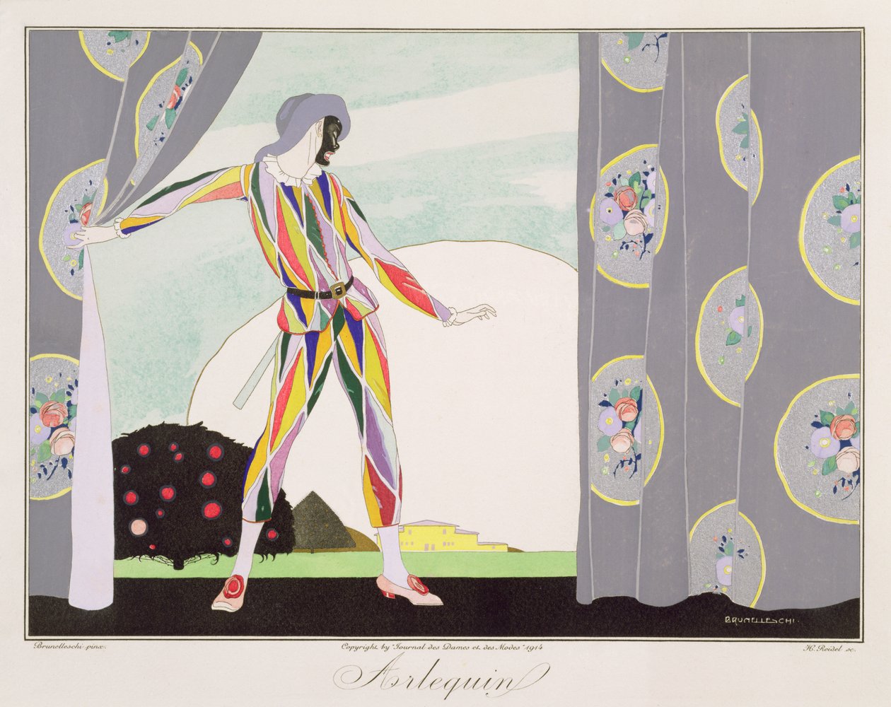 Arlequin，出自 Le Journal des Dames et des Modes 的“意大利戏剧的面具和人物”版，由 Henri Reidel 雕刻（fl. 1914-20），1914 年（彩色平版印刷） 作者 翁贝托（后）布鲁内莱斯基