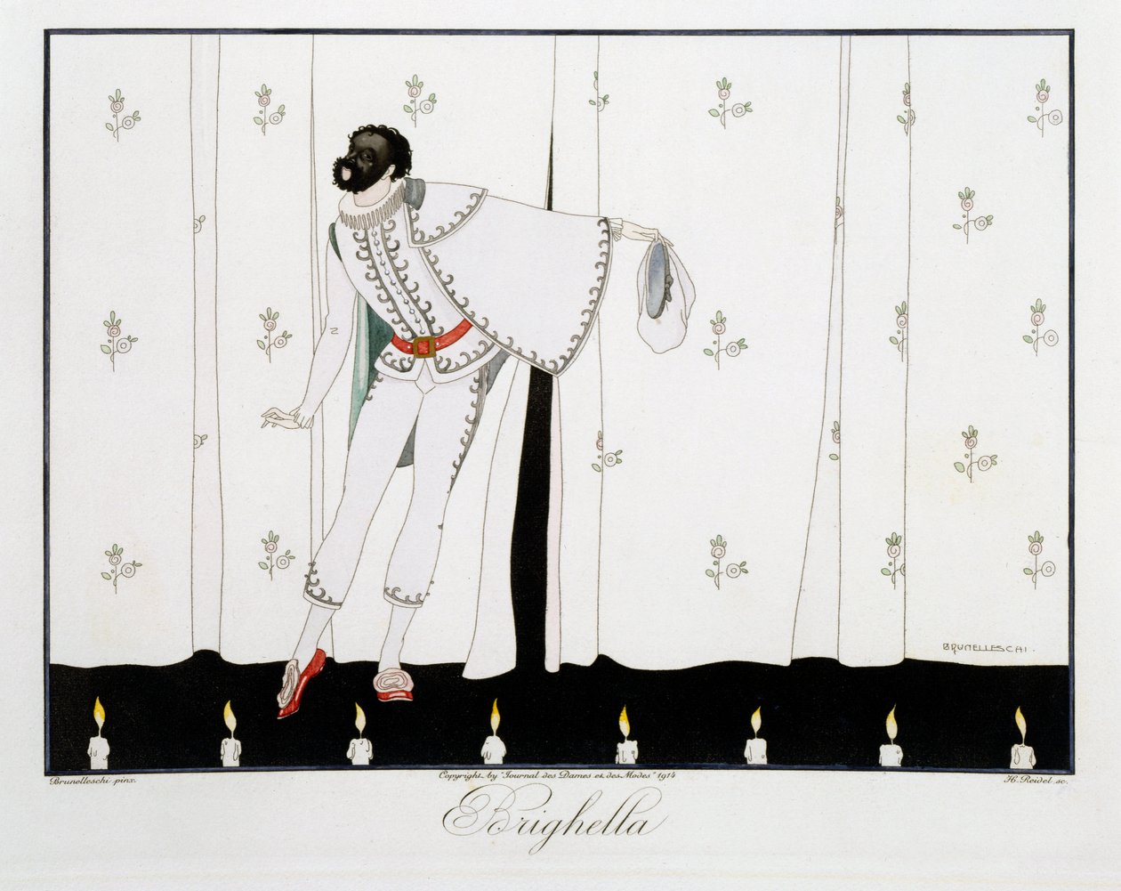 Brighella，选自《Le Journal des Dames et des Modes》的 "意大利戏剧的面具和角色 "版，由亨利-雷德尔（Henri Reidel，1914-20 年）于 1914 年雕刻（彩色石版）。 作者 翁贝托（后）布鲁内莱斯基