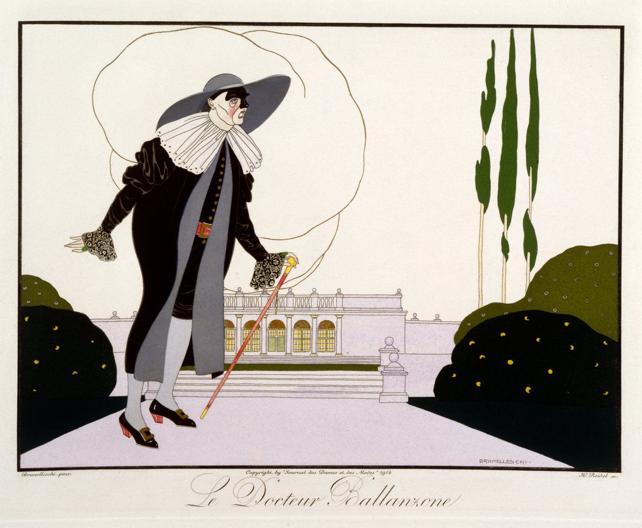 Ballanzone 博士，来自 Le Journal des Dames et des Modes 的“意大利戏剧的面具和人物”版，由 Henri Reidel (fl.1914-20) 1914 年雕刻（彩色平版印刷） 作者 翁贝托（后）布鲁内莱斯基