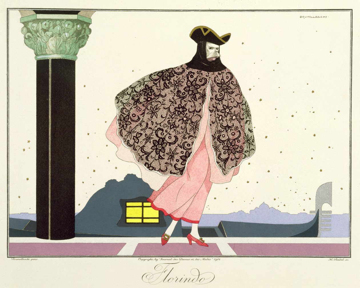 弗洛林多，选自《Le Journal des Dames et des Modes》的 "意大利戏剧的面具和角色 "版，亨利-雷德尔（1914-20 年）1914 年雕刻（彩色石版）。 作者 翁贝托（后）布鲁内莱斯基