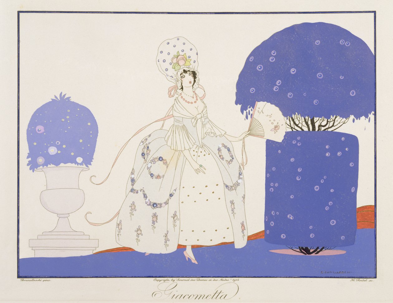 贾科梅塔，选自《Le Journal des Dames et des Modes》的 "意大利戏剧的面具和角色 "版，亨利-雷德尔（1914-20 年）1914 年雕刻（彩色石版）。 作者 翁贝托（后）布鲁内莱斯基
