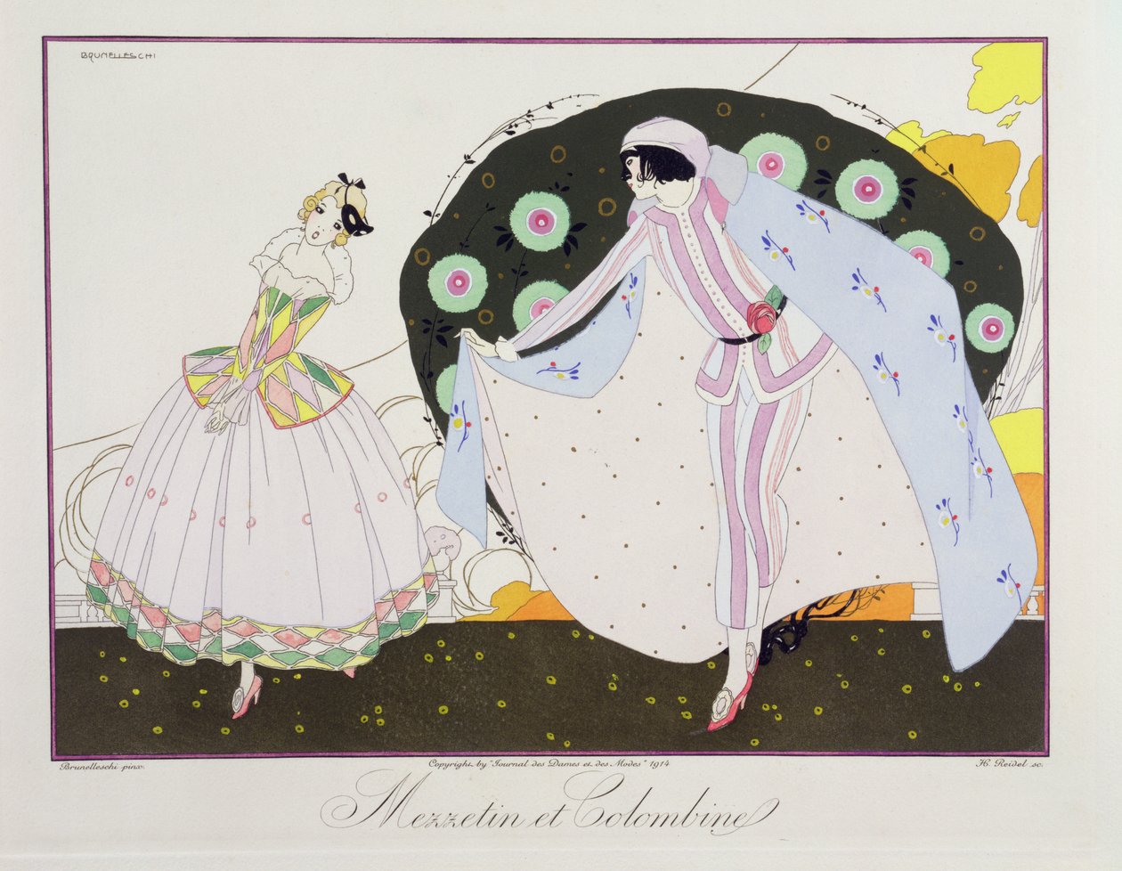 Mezzetin 和 Colombine，选自《Le Journal des Dames et des Modes》的 "意大利戏剧的面具和角色 "版，由亨利-雷德尔（Henri Reidel，1914-20 年）于 1914 年雕刻（彩色石版）。 作者 翁贝托（后）布鲁内莱斯基