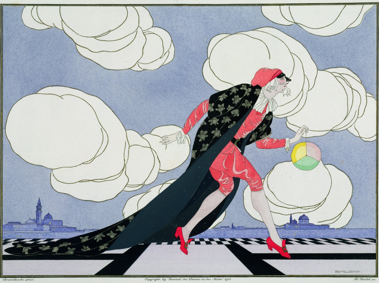 Pantalon，选自《Le Journal des Dames et des Modes》的 "意大利戏剧的面具和角色 "版，亨利-雷德尔（1914-20 年）1914 年雕刻（彩色石版）。 作者 翁贝托（后）布鲁内莱斯基
