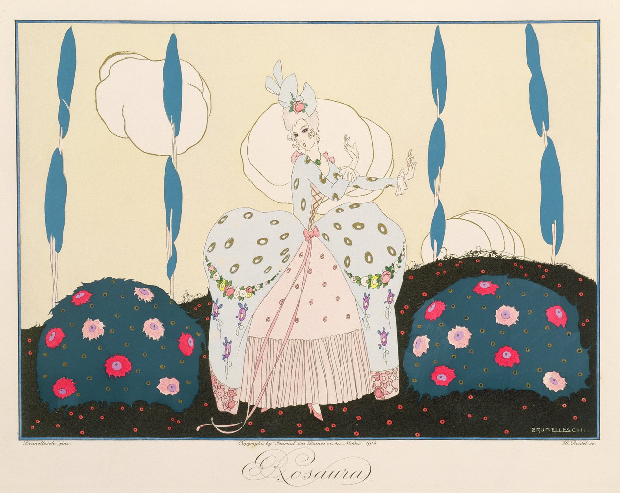 Rosaura，选自《Le Journal des Dames et des Modes》的 "意大利戏剧的面具和角色 "版，由亨利-雷德尔（Henri Reidel，卒于 1914-20 年）于 1914 年雕刻（彩色石版）。 作者 翁贝托（后）布鲁内莱斯基