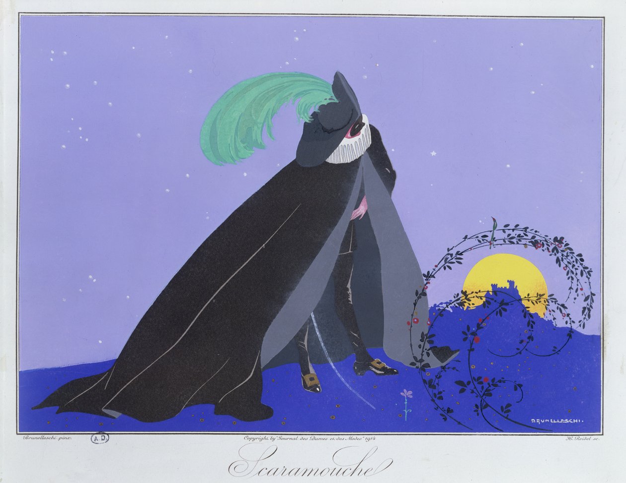 Scaramouche，出自《Le Journal des Dames et des Modes》的“意大利戏剧的面具和人物”版，由 Henri Reidel (fl.1914-20) 雕刻，1914 年（彩色平版印刷） 作者 翁贝托（后）布鲁内莱斯基