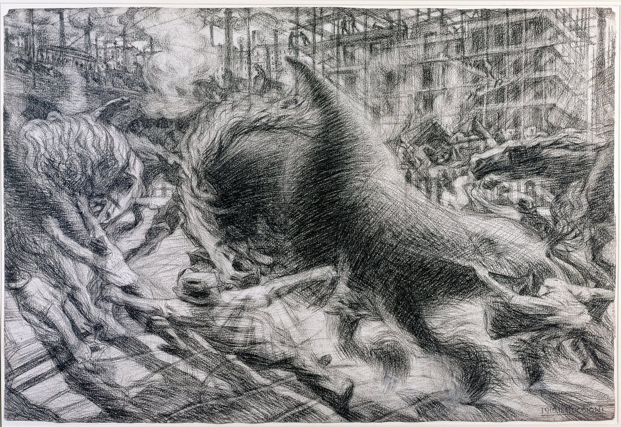 未来主义：“La citta che Dirty”（上升的城市）。 Umberto Boccioni (1882-1916) 在纸板上绘画 作者 翁贝托·博西奥尼（Umberto Boccioni）
