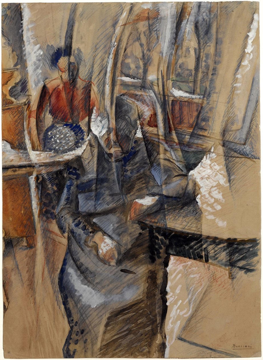 翁贝托 (1882-1916) 内有两位女性人物，与 Boccioni 平价。 纸本水彩和蛋彩画，尺寸：65,4x47,5 作者 翁贝托·博西奥尼（Umberto Boccioni）