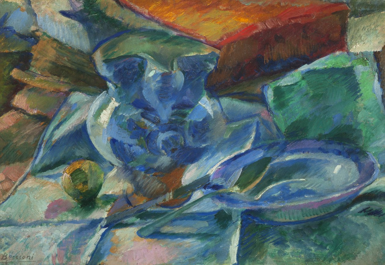 陶器，餐具和水果的静物，1915年 作者 翁贝托·博西奥尼（Umberto Boccioni）