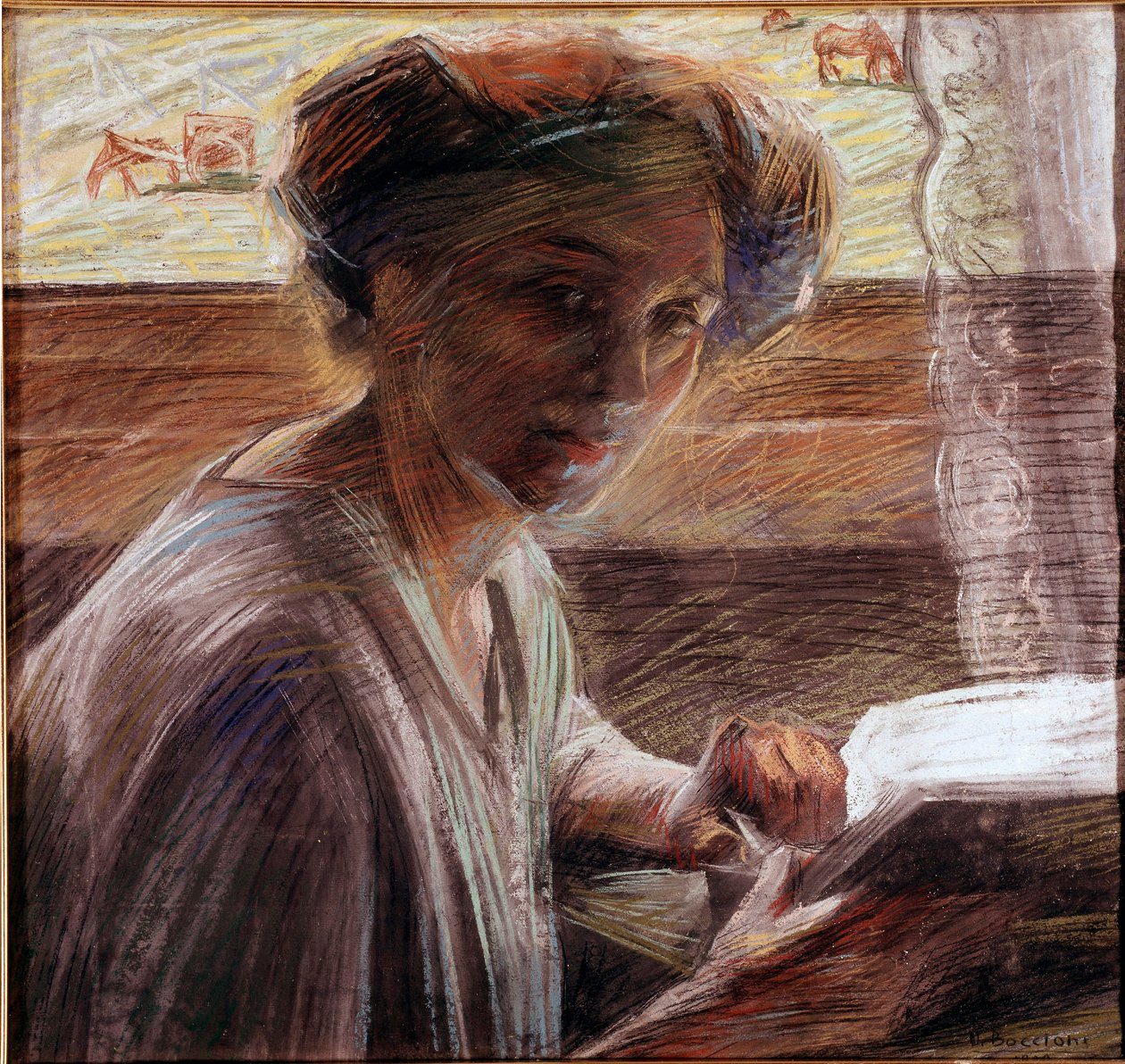 画家姐姐的肖像，阅读翁贝托·博乔尼 (Umberto Boccioni) (1882-1916) 1908 年的蜡笔画。 54x58 厘米威尼斯，现代艺术画廊 作者 翁贝托·博西奥尼（Umberto Boccioni）