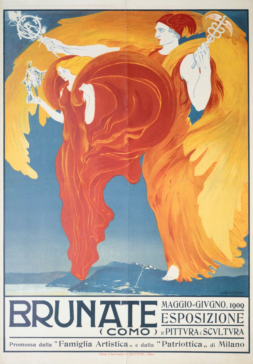 翁贝托·博乔尼（Umberto Boccioni，1882-1916 年）在布鲁纳特的绘画和雕塑展览海报，彩色石版画，70x50 厘米 作者 翁贝托·博西奥尼（Umberto Boccioni）