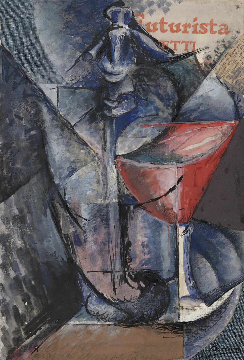 静物：玻璃和虹吸管，c.1914（拼贴画，水粉，钢笔和墨水） 作者 翁贝托·博西奥尼（Umberto Boccioni）