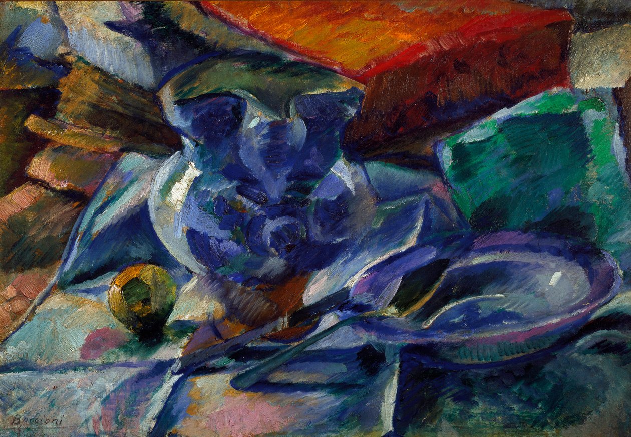 翁贝托·博乔尼 (Umberto Boccioni) (1882-1916) 1916 年暗淡的壶、碗和餐具的静物画。 35x50 厘米米兰，Civico Museo d