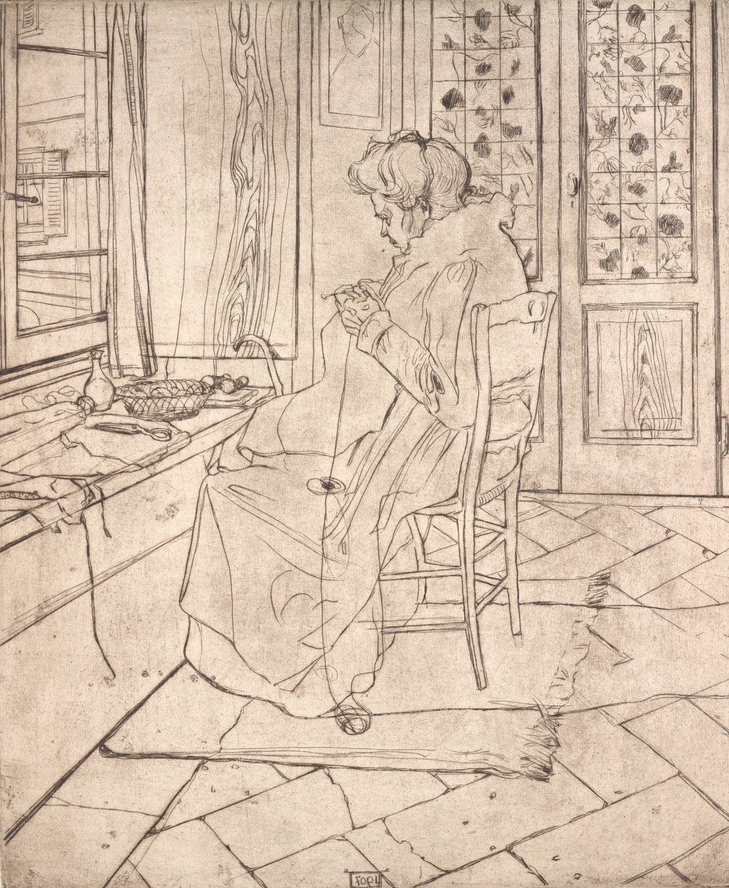 艺术家的母亲在钩织，1907年。 作者 翁贝托·博西奥尼（Umberto Boccioni）