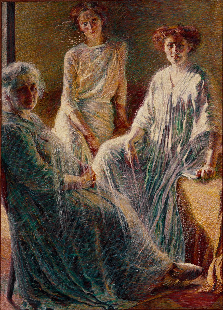 三个女人 三人都身着白衣，她们象征着人生的三个时代。 Umberto Boccioni (1882-1916) 1909-1910 作画 180x132 厘米私人收藏 作者 翁贝托·博西奥尼（Umberto Boccioni）